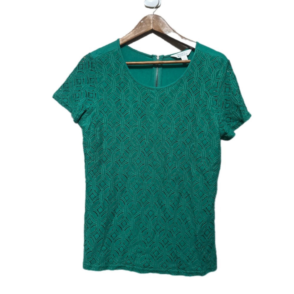 Market & Spruce Lace Top Women L Green Excellent Short Sleeve Zip Back WGW10324